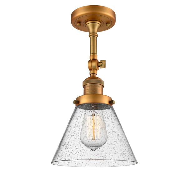 Innovations Franklin Restoration Cone 7.75 in. 1-Light Brushed Brass Semi-Flush Mount with Seedy Glass Shade