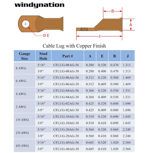 WindyNation 1-0-Gauge 3/8 in. Pure Copper Cable Lugs (10-Pack)