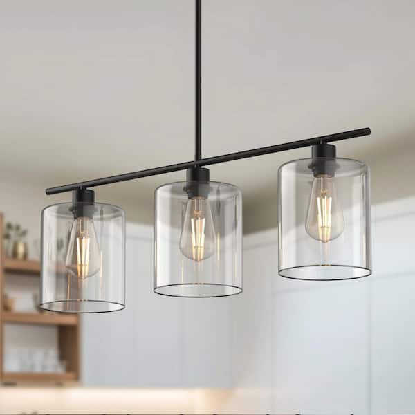 Industrial 3-Light Black Island Pendant Light with Clear Glass Shade Bulb Included for Dining Room Foyer Kitchen Island