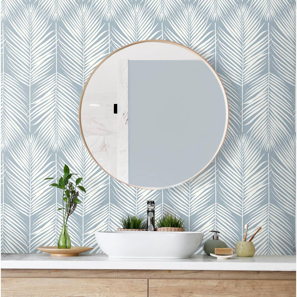 Light Blue and White Vinyl-Coated Palm Silhouette Wallpaper