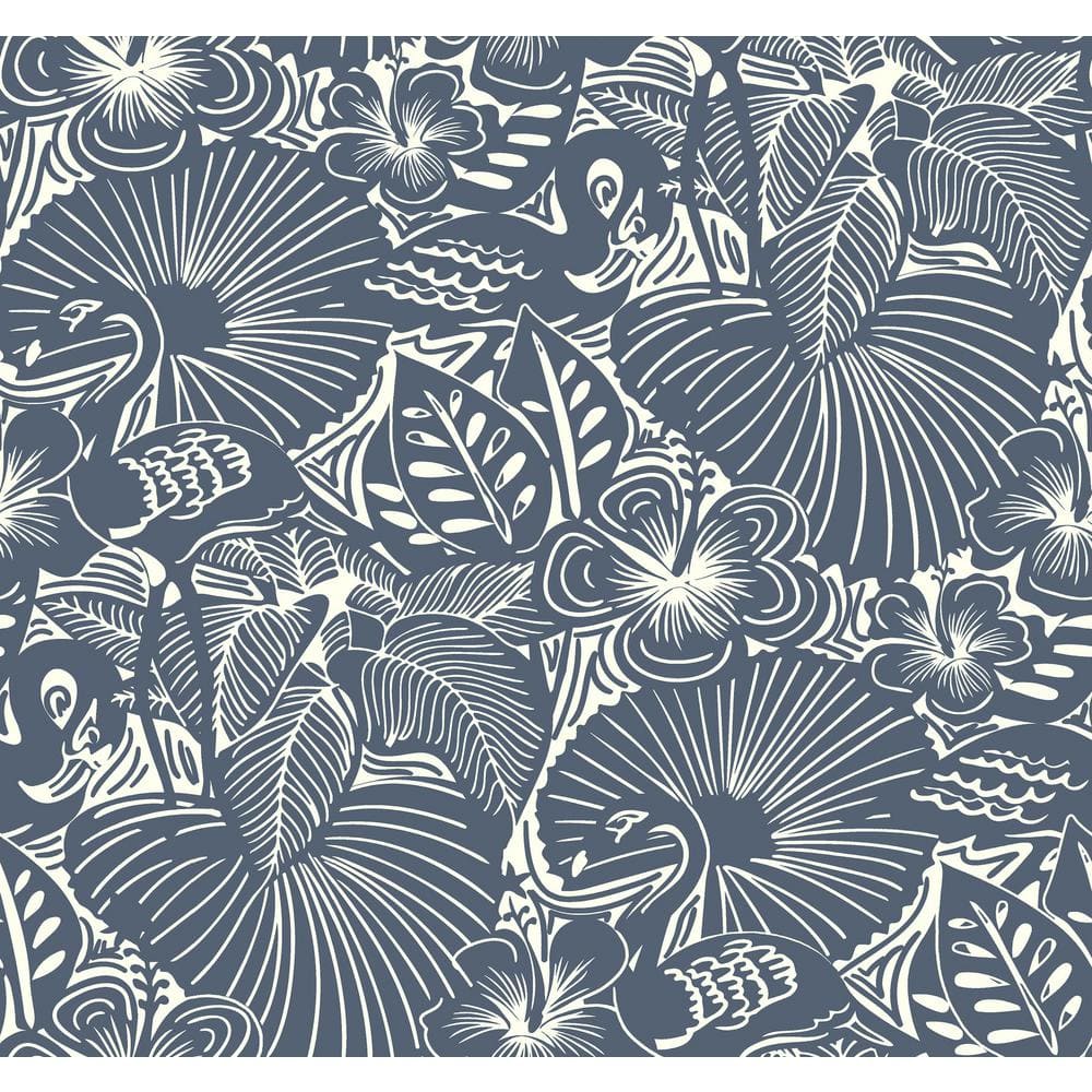 Idalia Navy and White Floral Flamingo Non-Woven Wallpaper