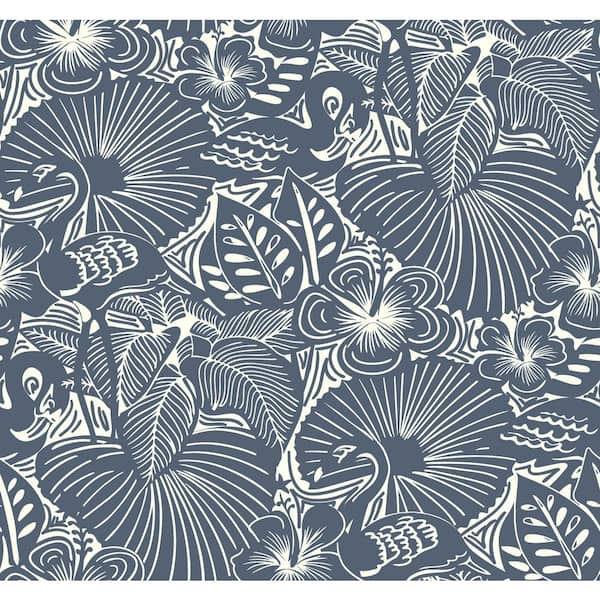 A-Street Prints Blue Idalia Floral Flamingo Wallpaper Sample