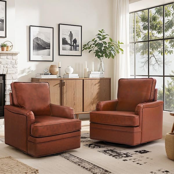 cozyman Fabry Red Brown Mid-Century Genuine Leather Swivel Accent Chair Modern Arm Chair Barrel Chair with Metal Base (Set of 2)