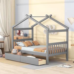 Gray Twin Size Wood House Bed, Kids Bed with 2 Drawers