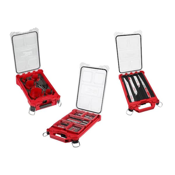 PACKOUT BIG HAWG Hole Saw Kit (9-Piece), PACKOUT SHOCKWAVE Bit Set (100-Piece), PACKOUT SAWZALL Saw Blade Set (15-Pack)