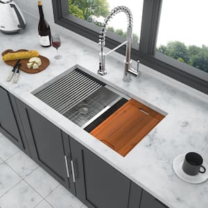 33 in. Undermount Double Bowl 16 Gauge Brushed Nickel Stainless Steel Kitchen Sink with Bottom Grids