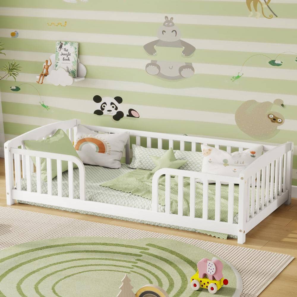 White Wood Frame Twin Size Platform Bed with Central Entrance