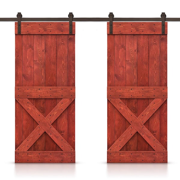 CALHOME 72 in. x 84 in. Mini X Series Cherry Red Stained DIY Solid Pine Wood Interior Double Sliding Barn Door With Hardware Kit