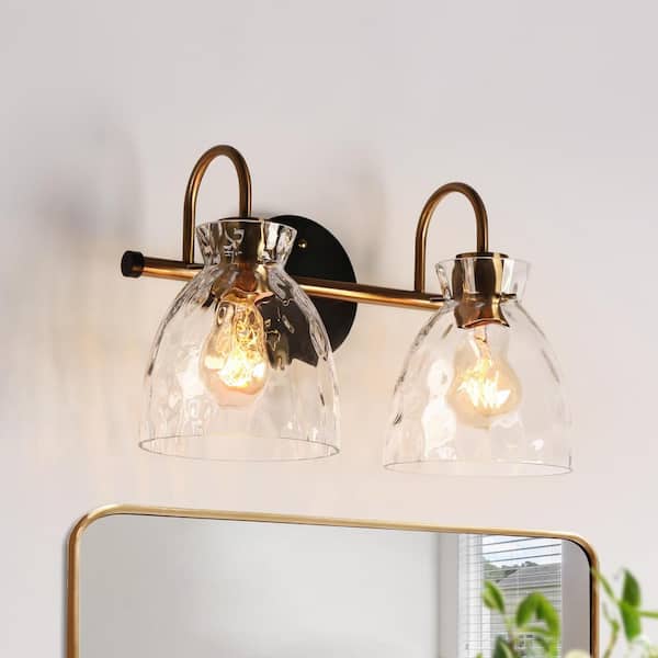Uolfin 14.6 in. 2-Light Black and Brass Bell Bathroom Vanity Light with Clear Glass Shades
