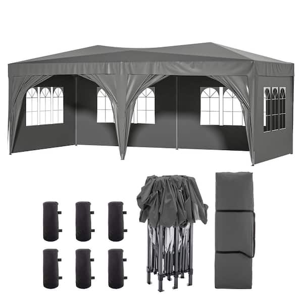 Kahomvis 10 ft. x 20 ft. Gray Outdoor Heavy Duty Gazebo Portable Pop Up Canopy Party Tent with Sidewalls, Carry Bag, Weight Bag