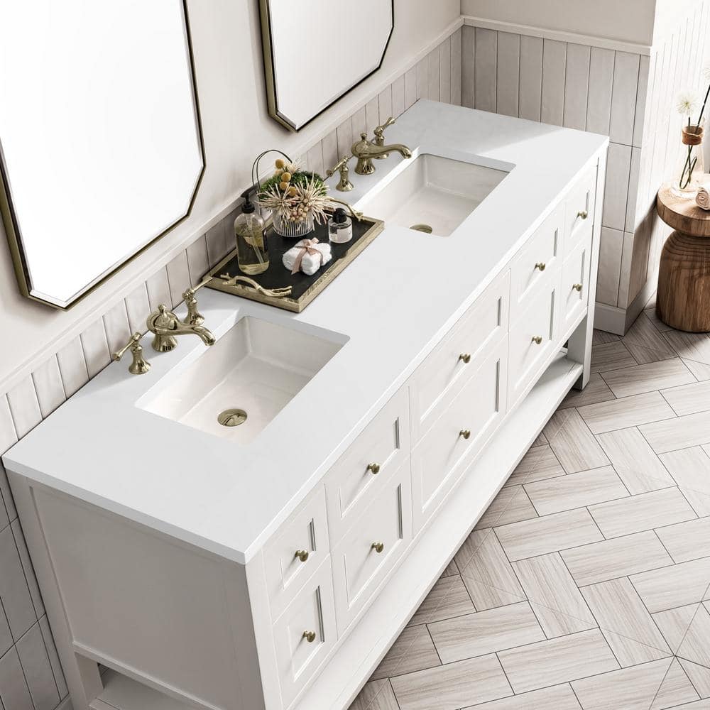 Bright White Solid Wood Double Vanity with Brass Knobs
