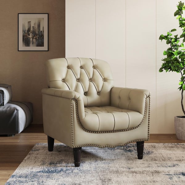 Uixe Mid-Century Beige Faux Leather Button Tufted Accent Arm Chair with Wood Legs (Set of 1)