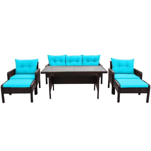Sudzendf Brown 6-Piece Wicker Patio Conversation Set with Blue Cushions and Tempered Glass Tea Table