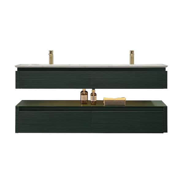 Arveno 60in.Wx20.7in.Dx21.2in.H Double Sink LED Floatting Vanity in Green With Carrara Engineer Marble Top