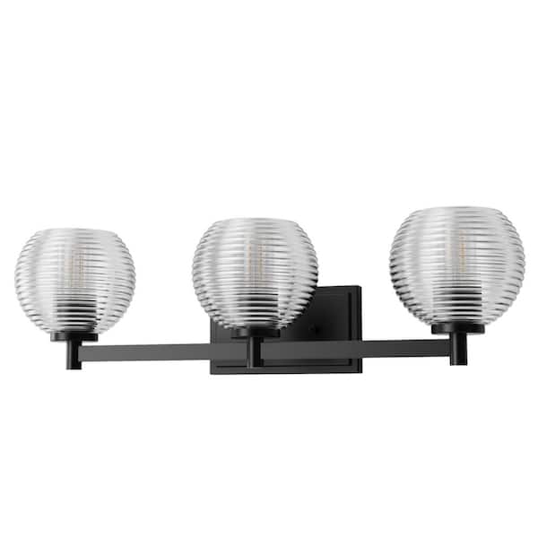 Briignite 25 in. 3-Light Matte Black Globe Vanity Light with Clear Glass Shade for Bathroom Mounting Positions