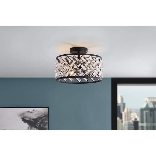 Ravenwing 13 in. 2-Light Matte Black Semi-Flush Mount with Crystal Glass Shade