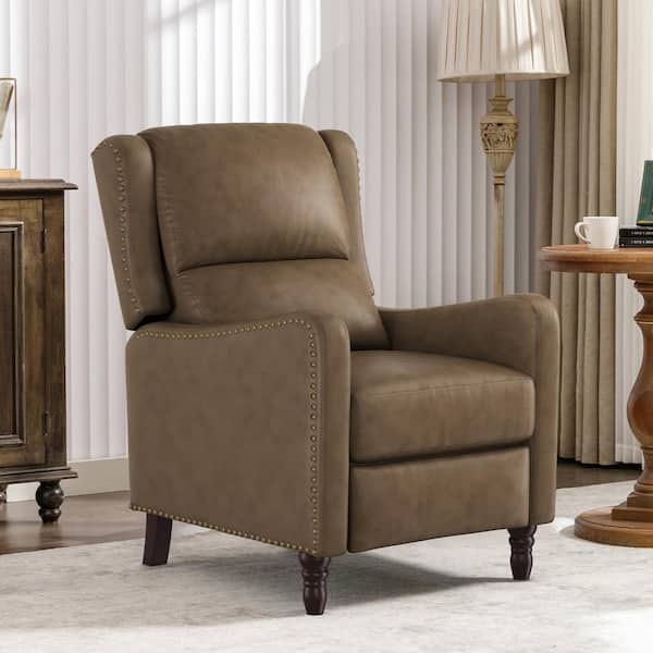 LUE BONA 26 in. Width Taupe Genuine Leather Recliner Chair Arm Chair with Nailhead Trim