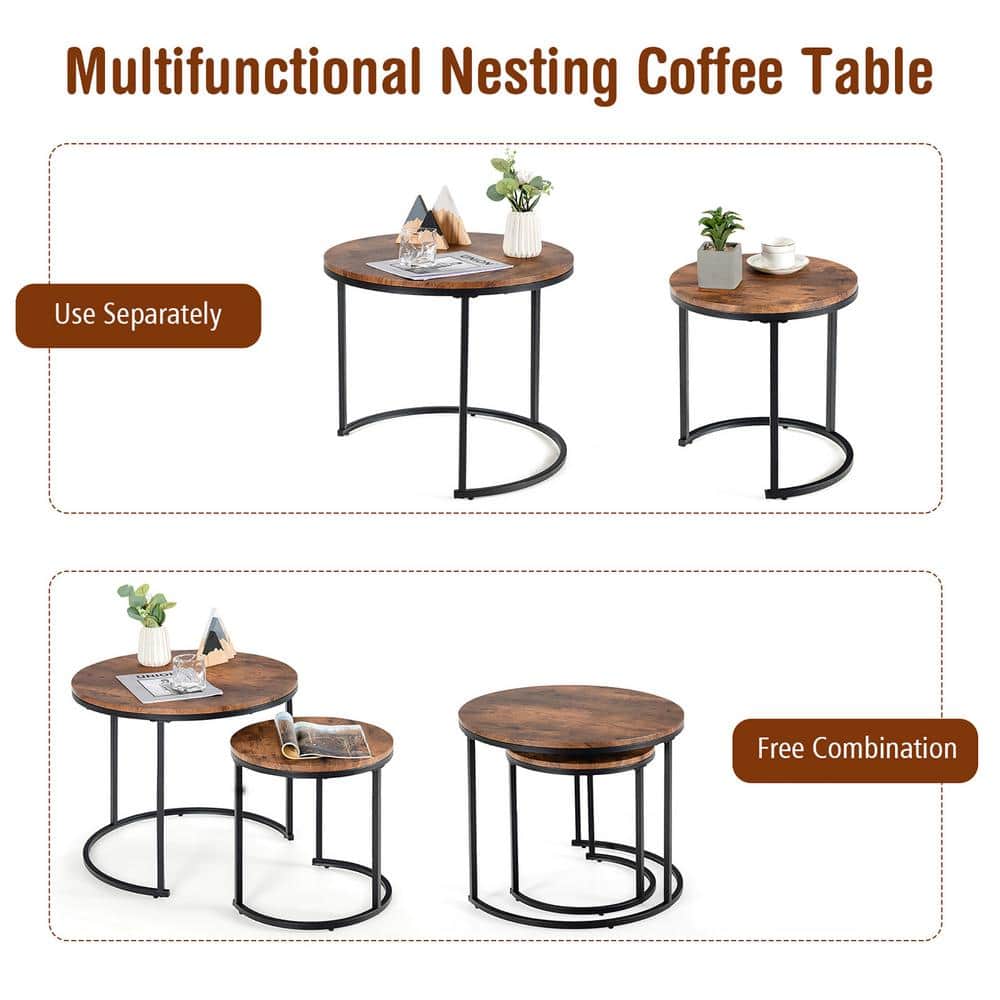 Rustic Brown Round Wood and Steel Nesting Tables Set