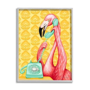 Flamingo Calling Dial Telephone Groovy Flowers Wallpaper by Amelie Legault Framed Animal Art Print 14 in. x 11 in.