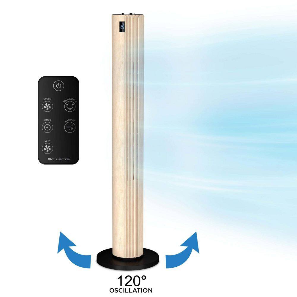 Rowenta Ultra Quiet Oscillating Tower Fan with Remote Control, Black and Wood