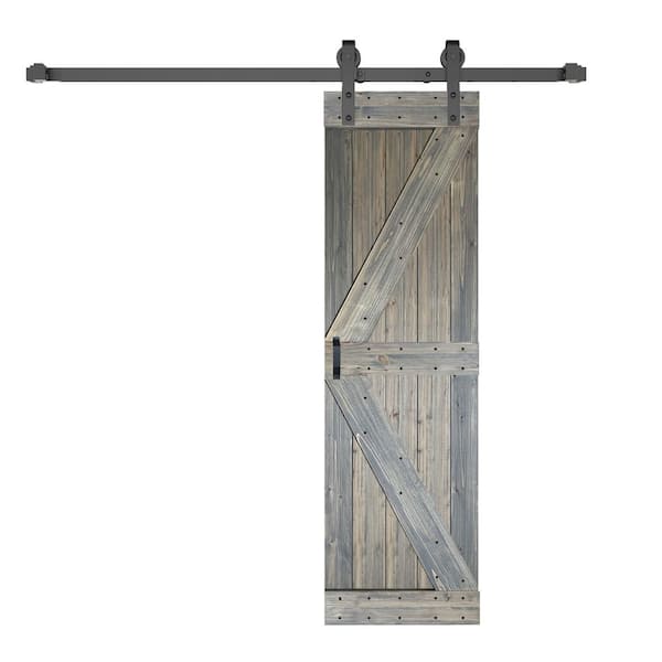 ISLIFE K Style 28 in. x 84 in. Aged Barrel Finished Soild Wood Sliding Barn Door with Hardware Kit - Assembly Needed