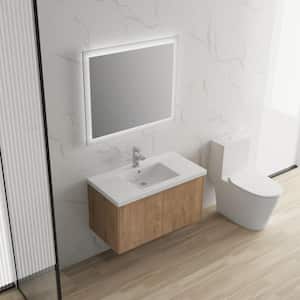 Sugur 36 in. W x 18. in D. x 20 in. H Wall Mount Bath Vanity Cabinet with Sink in Oak with White Resin Sink and Top