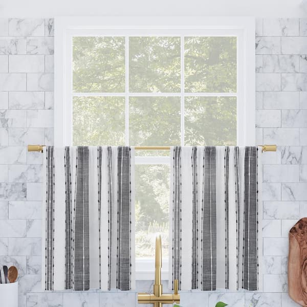 Sun Zero Cassidy Black/White 52 in. W x 45 in. L Rod Pocket Light Filtering Curtain Tier Pair for Kitchens (Set of 2)