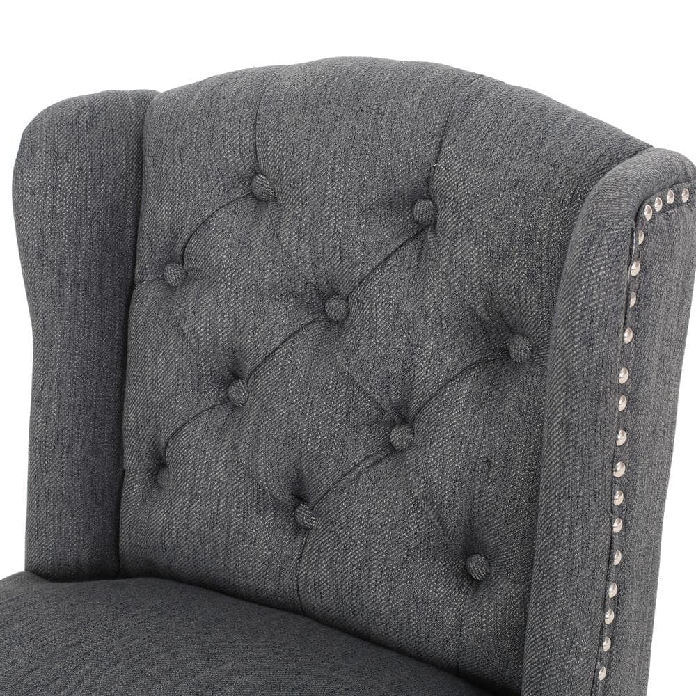 Elegant Charcoal Polyester Wingback Counter Stool Set, Dark Brown Wood