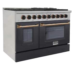 48 in. 6.7 cu. ft. Double Oven Dual Fuel Range with Gas Stove and Electric Oven with Convection Oven in Black and Gold