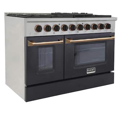 Custom KNG 48 in. 6.7 cu. ft. Natural Gas Range Double Oven with Convection in Black with Black Knobs and Gold Handle