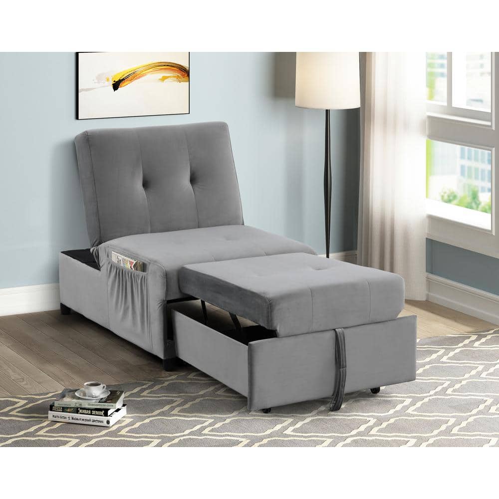 Gray Velvet Adjustable Sleeper Lounge Chaise with Manufactured Wood Frame