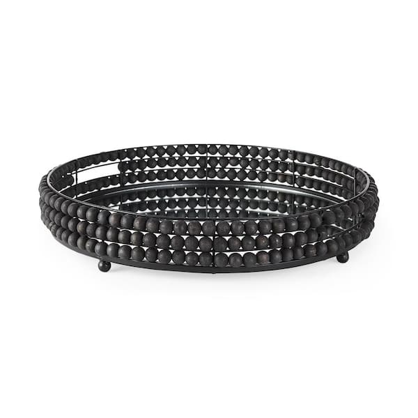 Mercana Decatur II 21 in. L x 21 in. W Black Wooden Bead Mirrored Bottom Round Tray