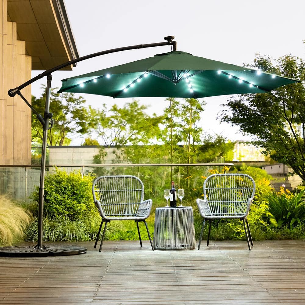 10 ft. Metal Cantilever Solar Tilt Patio Umbrella in Green with LED Lights