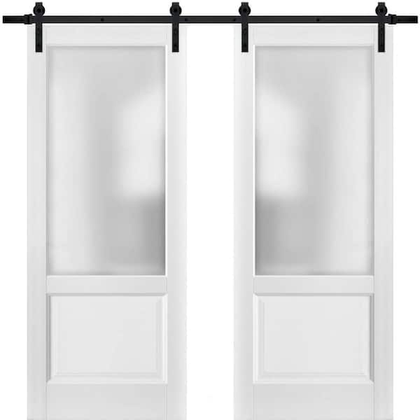 Sartodoors 1422 48 in. x 84 in. 1 Lite Frosted Glass White Finished Pine Wood Sliding Barn Door with Hardware Kit