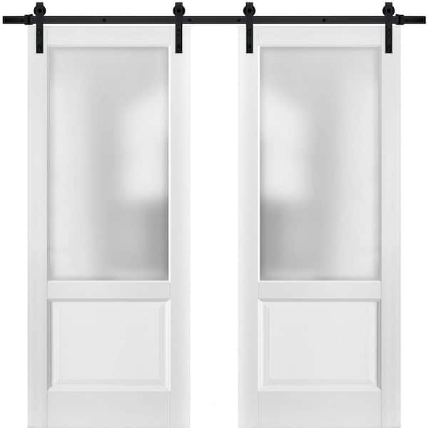 Sartodoors 1422 48 in. x 96 in. 1 Lite Frosted Glass White Finished Pine Wood Sliding Barn Door with Hardware Kit