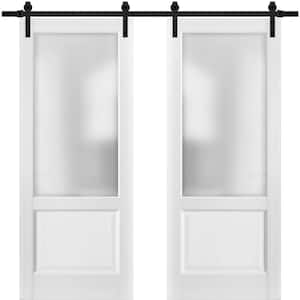 1422 56 in. x 80 in. 1 Lite Frosted Glass White Finished Pine Wood Sliding Barn Door with Hardware Kit