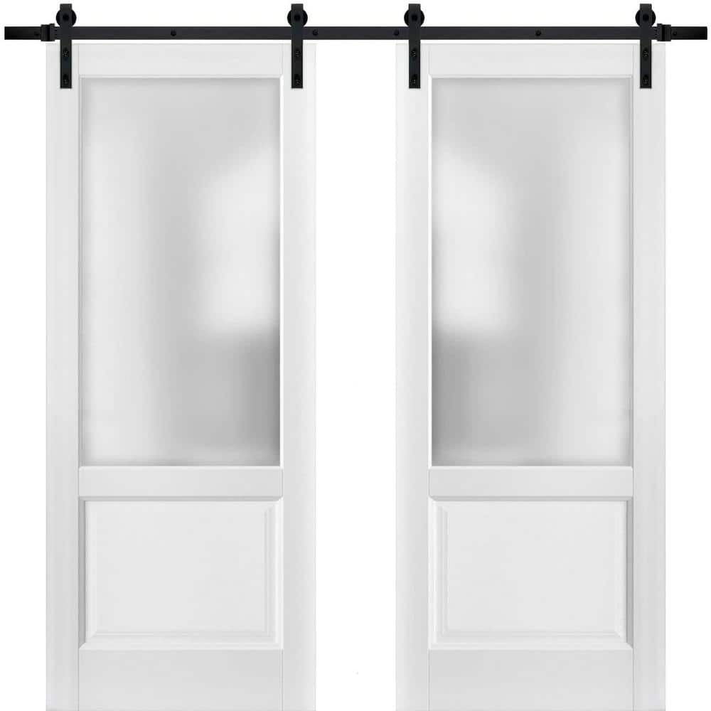 White Frosted Glass Double Barn Doors with Hardware