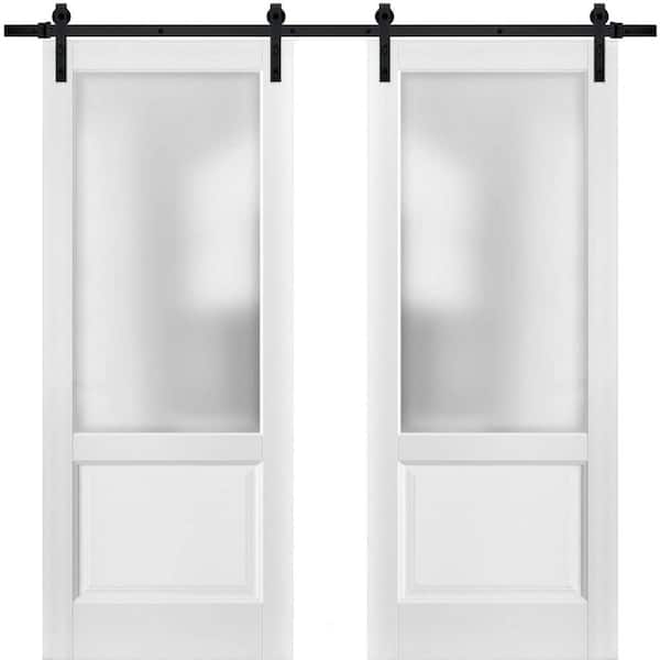 Sartodoors 1422 60 in. x 96 in. 1 Lite Frosted Glass White Finished Pine Wood Sliding Barn Door with Hardware Kit
