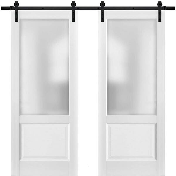 Sartodoors 1422 64 in. x 80 in. 1 Lite Frosted Glass White Finished Pine Wood Sliding Barn Door with Hardware Kit