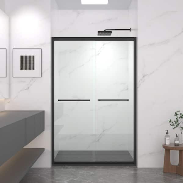 44-48 in. W x 72 in. H Aluminum Framed Sliding Shower Door in Matte Black Finish with 5/16 in. (8mm)Tempered Clear Glass
