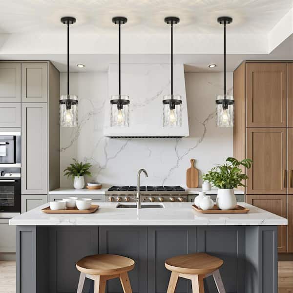 Jasslynn 2-Pack 60 Watt Black Modern Pendant Light with Water Rippled Glass Shade for Kitchen Dining Room Foyer