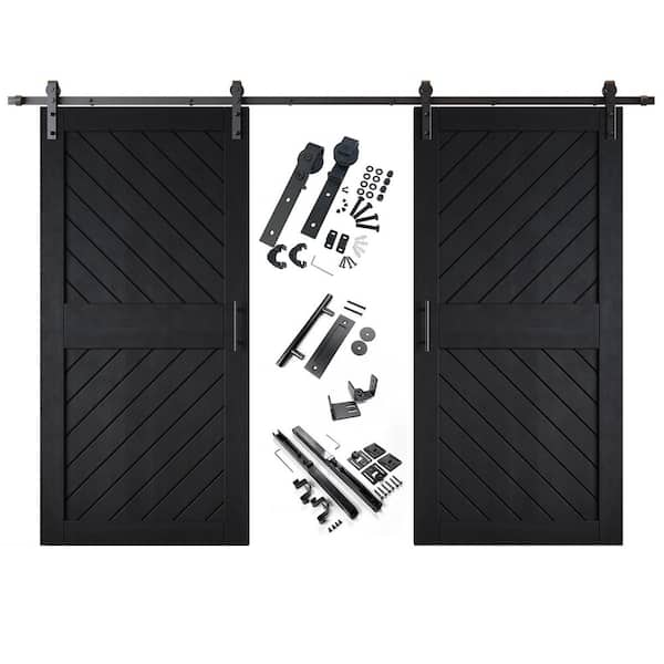XT4 32 in. x 84 in. C-Panel Black Slanted Stripe Design Double Pine Wood Sliding Barn Door with Hardware Kit