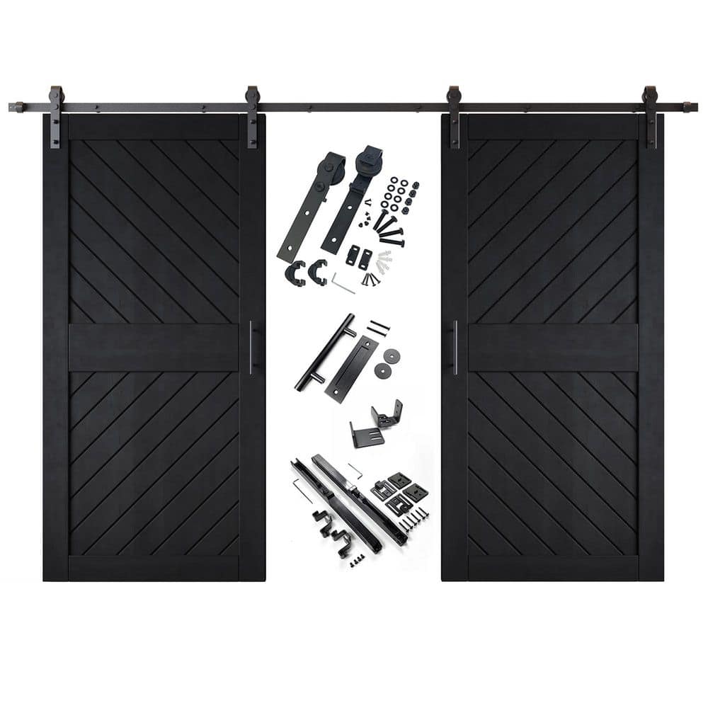 XT4 40 in. x 84 in. C-Panel Black Slanted Stripe Design Double Pine Wood Sliding Barn Door with Hardware Kit price history on PriceWatchPro