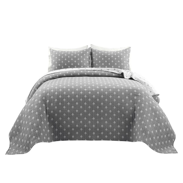 Unbranded Hygge Kantha Pick Stitch 3-Piece Yarn Dyed Cotton Jacquard Quilt/Coverlet Gray/Off White Queen Set