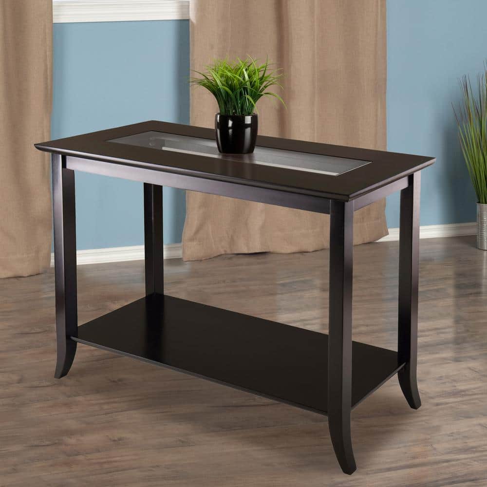 Winsome Genoa Espresso Rectangular Console Table with Glass Top and Shelf