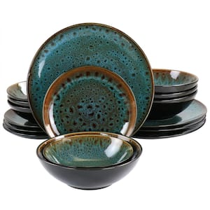 Kyoto Teal Double Bowl 16-Piece Teal and Brown Stoneware Dinnerware Set