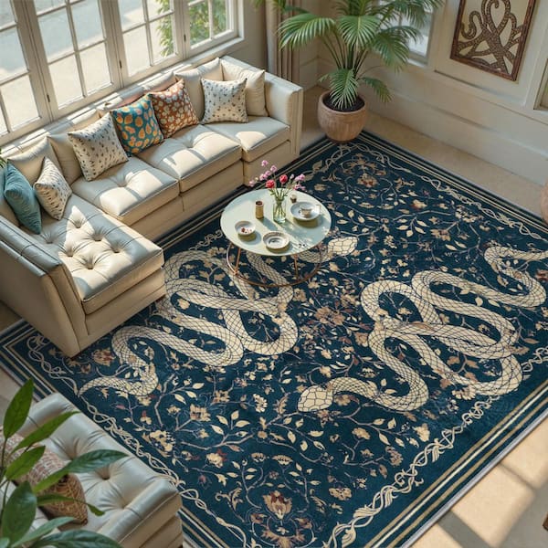 Washable Vintage Snake Pattern Non Slip Blue Serpent 8 ft. x 10 ft. Living Room/Bedroom Indoor Area Rug