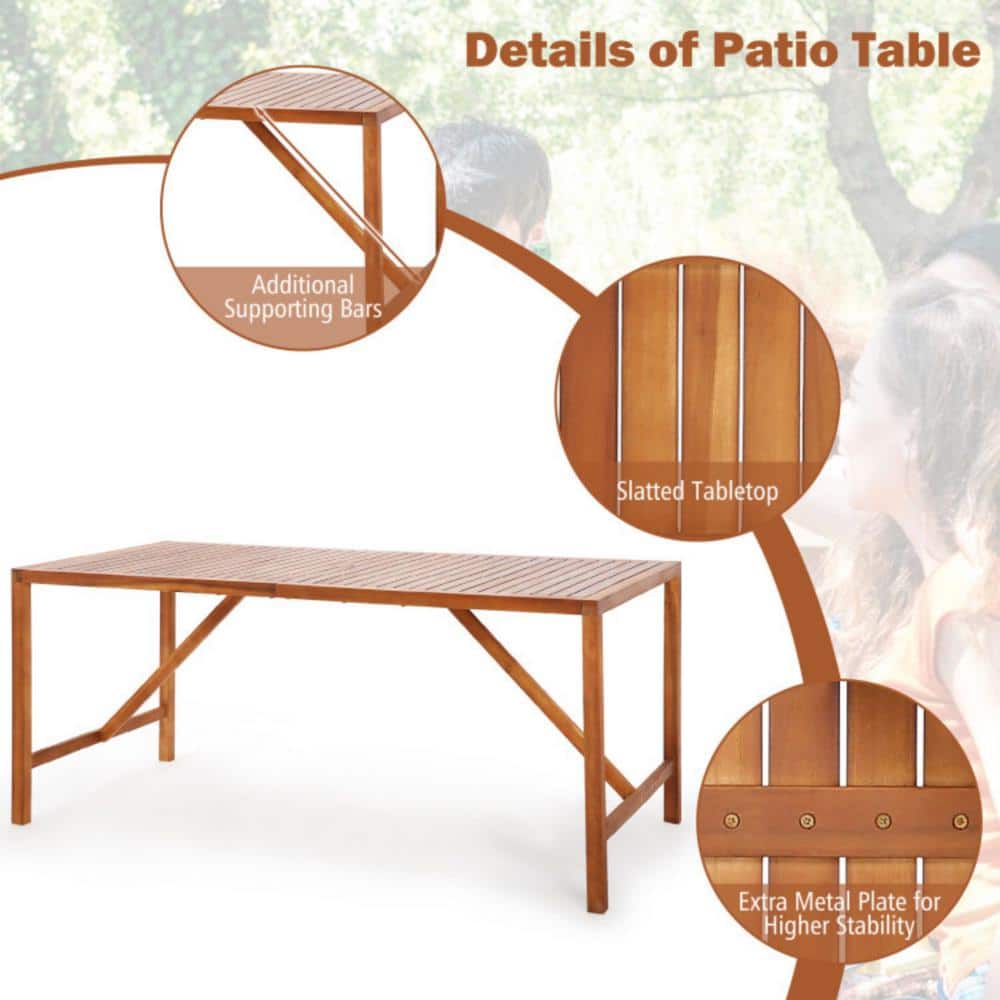 67-Inch Brown Acacia Wood Outdoor Dining Table with Umbrella Hole