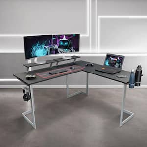 59 in. L-Shaped Black/Gray Computer Desk with Adjustable Shelves