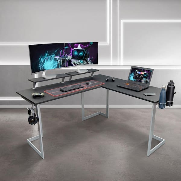 Techni Sport 59 in. L-Shaped Black/Gray Computer Desk with Adjustable Shelves